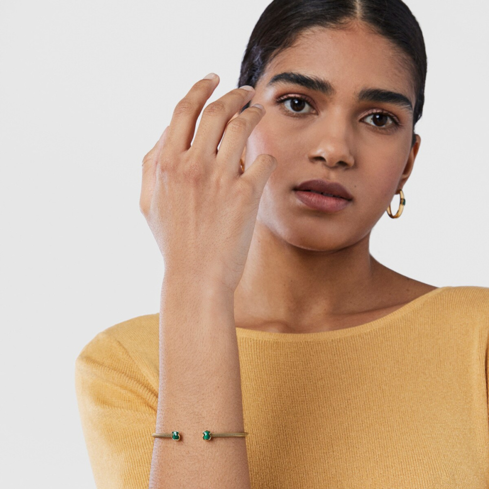 Тонкий браслет Mesh Color из стали с золотистым ионным напылением и с малахитом фото 5